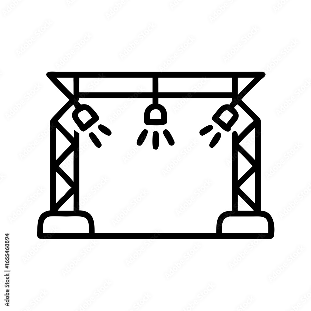 Aufkleber illustration of a stage setup with lighting rig and triangular support structure in black outline st