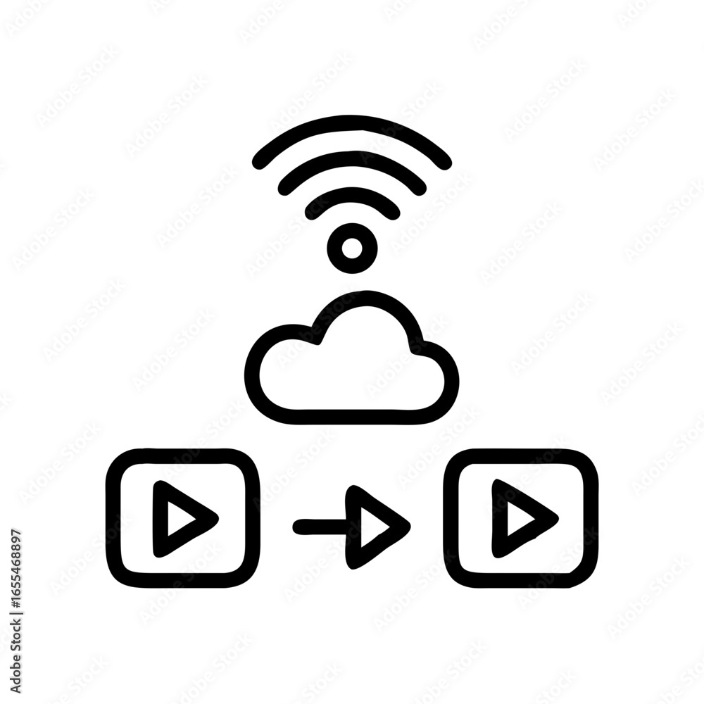 Poster cloud connected with wifi to video players showing data transfer in a simple line drawing style icon