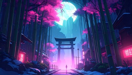 Neon-lit bamboo forest town at night