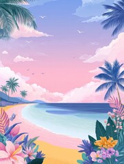 Pastel beach scene with tropical flora.  Soft pink and purple sky over a serene beach. Lush palm trees frame the scene