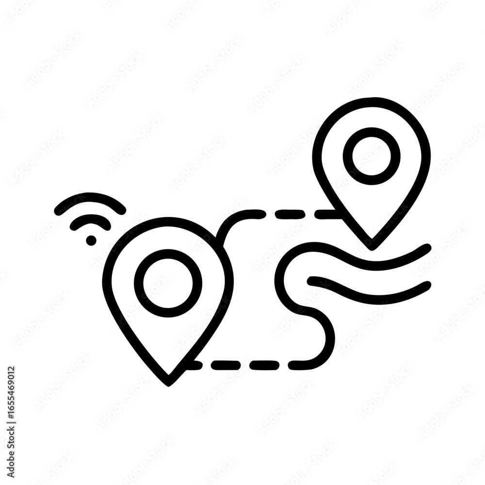 Poster icon of two location pins connected by a dashed line with a wifi signal on the first pin location