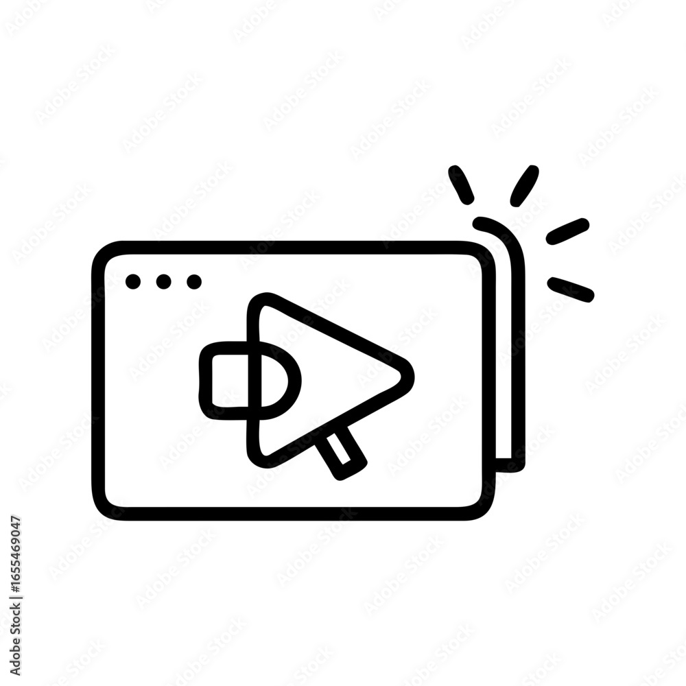 Aufkleber outline of a browser window with a play button and a cursor inside, with a shining effect on the sid