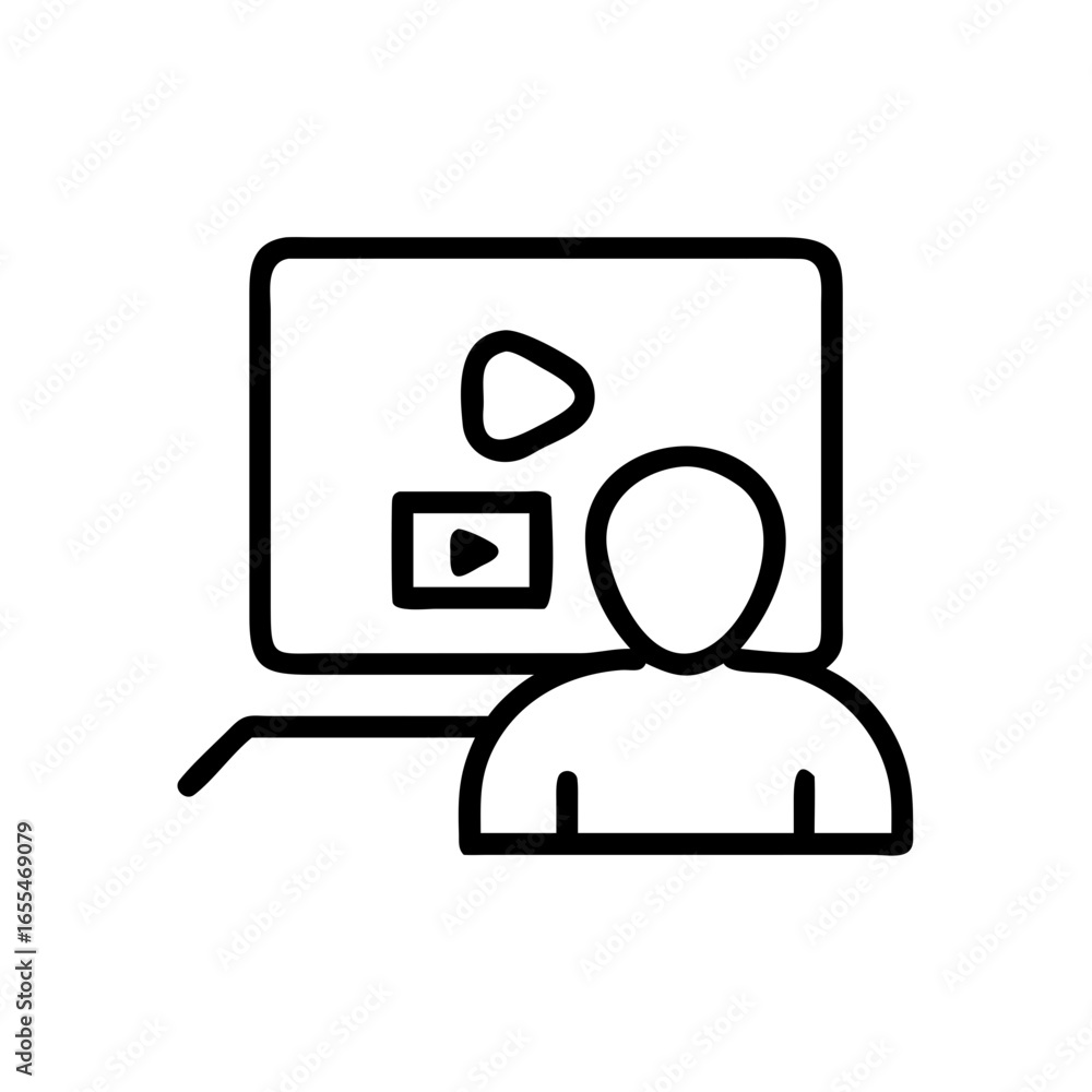 Poster person watching a video on a computer screen with play buttons in a simple black and white outline s