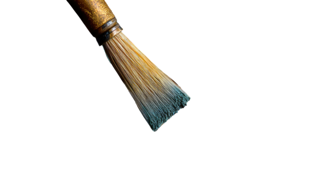 Close-up of a paintbrush tip, featuring a light brown wooden handle and a light beige and dark gray/blue bristle tip.  The bristles appear slightly uneven in length and color