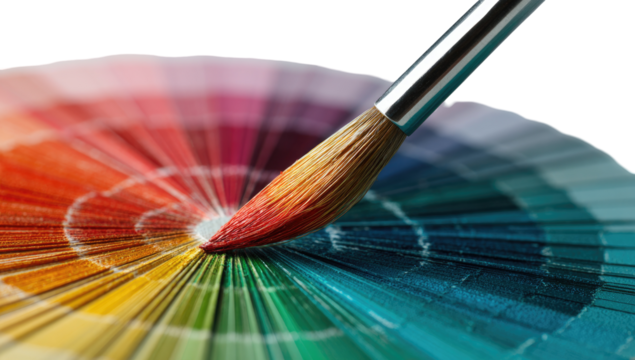 Paintbrush positioned over a color wheel