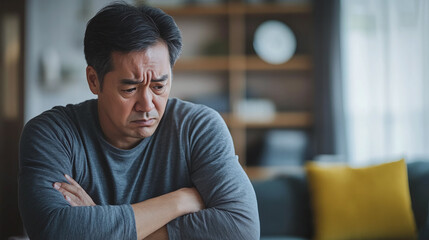 Obraz premium Asian Man Pacing Nervously in Living Room with Concerned Expression Glancing at Clock