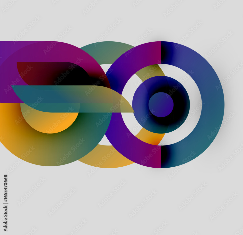 Poster abstract design features colorful overlapping shapes. circles, ribbons create dynamic visual composi