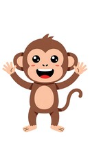 Fototapeta premium Cute cartoon monkey with big eyes and a wide smile, raising its hands, isolated on a white background.