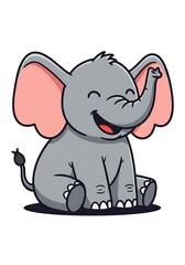 Obraz premium A cheerful cartoon elephant with a big smile, sitting and waving its trunk.