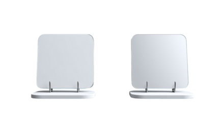 Two identical, white, square, stand-up objects.  Each has a flat, squared top and a slightly rounded base. Small, pointed, support legs extend downward.  Blank surfaces