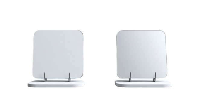Two identical, white, square, stand-up objects.  Each has a flat, squared top and a slightly rounded base. Small, pointed, support legs extend downward.  Blank surfaces