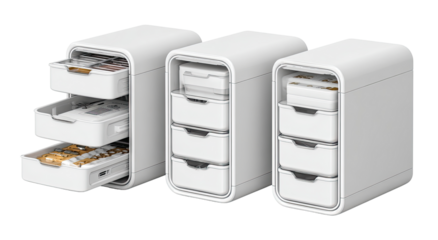 Three white storage units with drawers,  showing various items inside.  Each unit has multiple drawers,  organized neatly.  Modern design