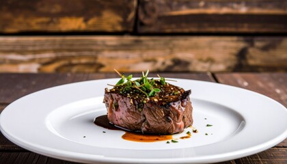 A beautifully presented, cooked steak rests on a white plate, garnished with fresh herbs and a rich sauce.