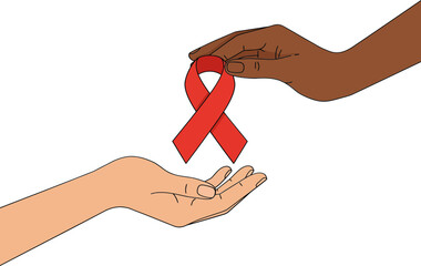 Hands protecting red ribbon with heart symbol of HIV AIDS awareness, care and global health prevention concept