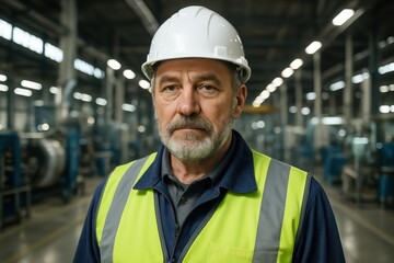Industrial worker in safety gear standing confidently at manufacturing facility production floor