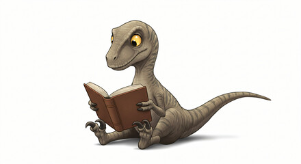 Fototapeta premium Little Raptor Student: A whimsical and educational image of a baby dinosaur with big eyes, engaging in a quiet moment of reading
