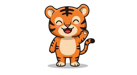 Obraz premium A cute cartoon tiger cub with orange and black stripes is happily waving its paw.
