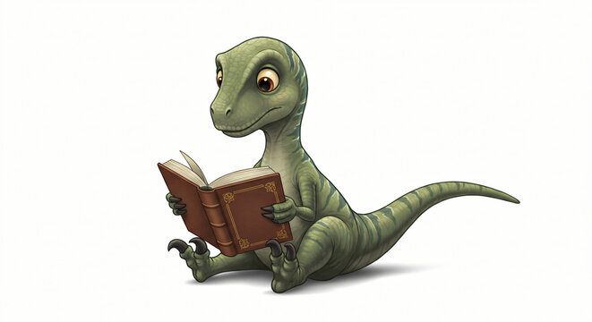 Adorable Dinosaur Reading a Book: A charming illustration of a cute, cartoon-style velociraptor character sitting and intently reading a brown book