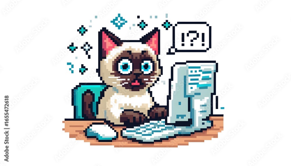 Fototapete vector pixel art icon with siamese cat typing on a computer with a surprised face on a white backgro