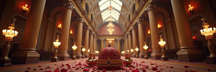 Grand hall with royal crown and rose petals.