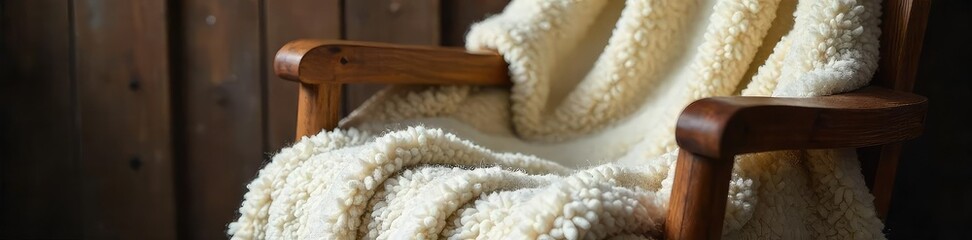 Cozy Sheep Fleece Blanket Draped on Rustic Wooden Chair, Perfect for Relaxing Winter Evenings