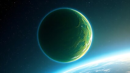 Fototapeta premium Lush green planet floating in space with a glowing atmosphere, depicting cosmic beauty.