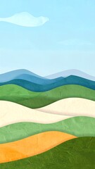 Obraz premium Rolling hills create a serene landscape with varied green and beige hues under a bright blue sky, evoking a sense of calm and natural beauty.