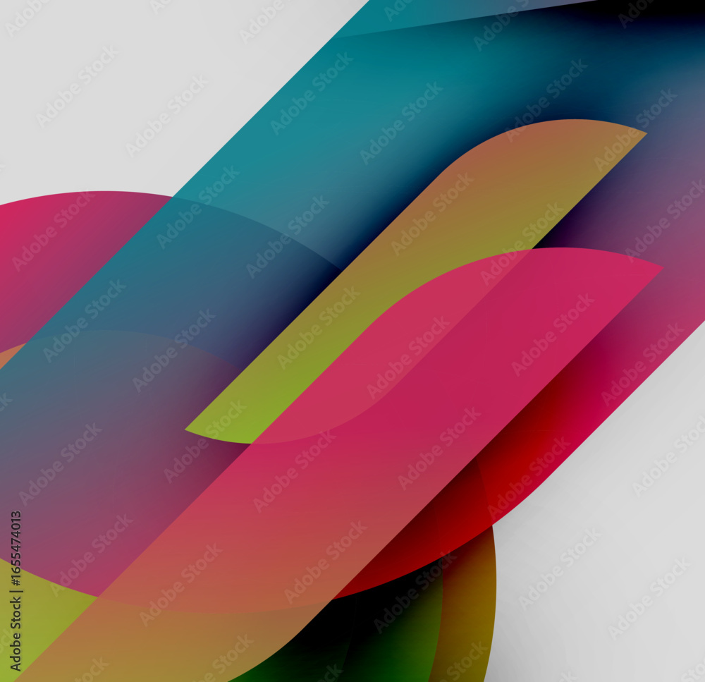 Poster abstract colorful shapes overlap, creating dynamic visual effect. soft gradients blend hues, forming