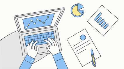 Fototapeta premium Hands Typing on Laptop with Line Graph and Data Charts.