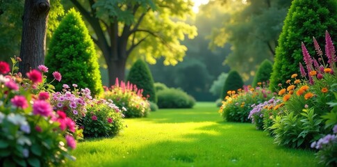 Obraz premium Serene garden landscape featuring lush greenery, vibrant flowers, and a meticulously manicured lawn Perfect for home improvement, gardening, and real estate websites , flowers, idyllic, peaceful