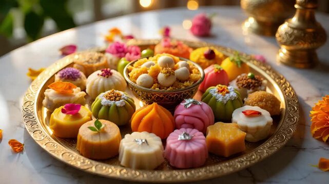 Onam sweets platter with colorful Indian mithai, festive dessert arrangement, traditional celebration treats, cultural food display on decorative tray