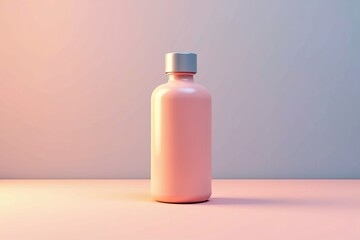 Pink bottle with a metallic lid on a light pink surface.