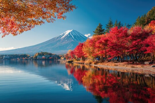 Autumnal Mountain Lake. Colorful foliage frames a serene lake reflecting a majestic snow-capped mountain - Powered by Adobe