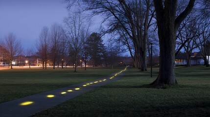 Time-lapse of glowing footprints accelerating across a twilight park path.
