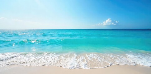 Fototapeta premium Vast, cerulean ocean stretching to the horizon, undisturbed waves gently lapping the shore, a pristine and untouched seascape Sunlight reflects brilliantly on the water's surface , immense, summer