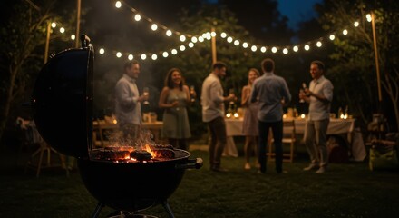 Naklejka premium Grill with open lid and burgers cooking with group of people socializing in the background at night