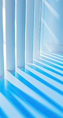 Obraz premium Sunlight streams through blinds onto a blue floor. Modern interior design, ideal for website background