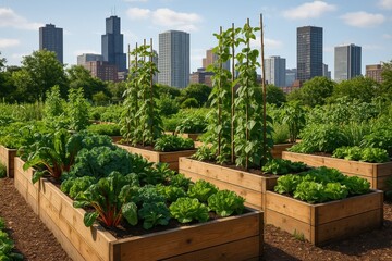 Fototapeta premium Urban organic vegetable garden with raised wooden beds showcasing sustainable city farming and local food production