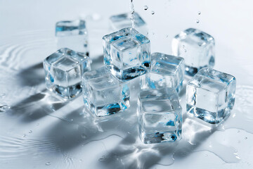 Various transparent ice cubes with clear edges and internal textures scattered on white background, splashing water droplets and bubbles around, natural arrangement under even lighting
