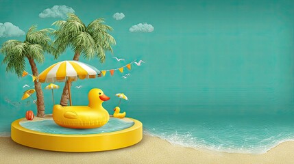 Tiny island, inflatable duck, summer scene