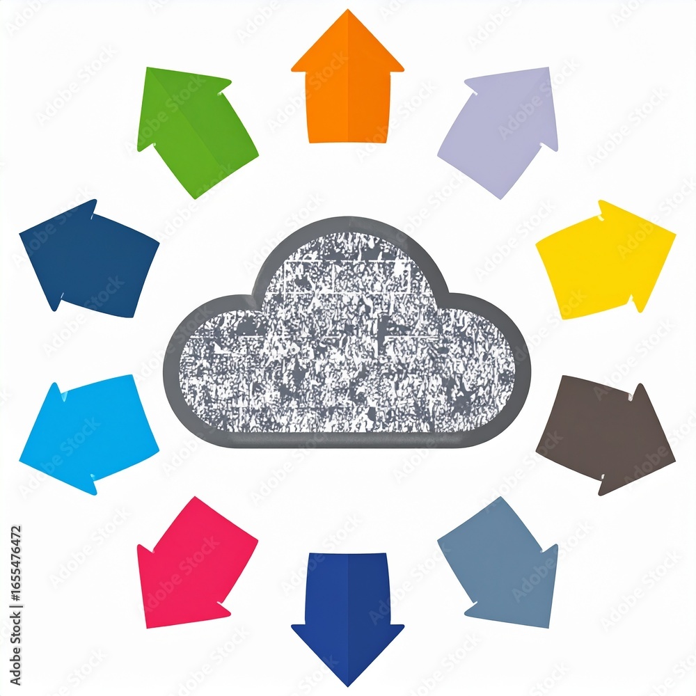 Poster a collection of colorful arrows surrounding a textured cloud graphic, suggesting data transfer or cl