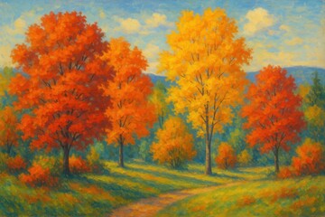 Fototapeta premium Vibrant autumn forest painting with golden maple leaves and warm fall colors