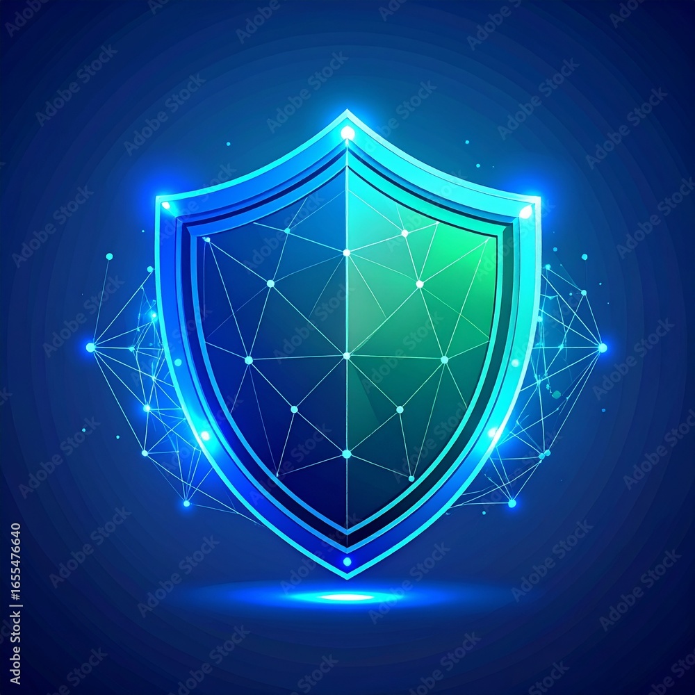 Poster a futuristic shield design, showcasing a vibrant gradient of teal and turquoise, highlights intricat