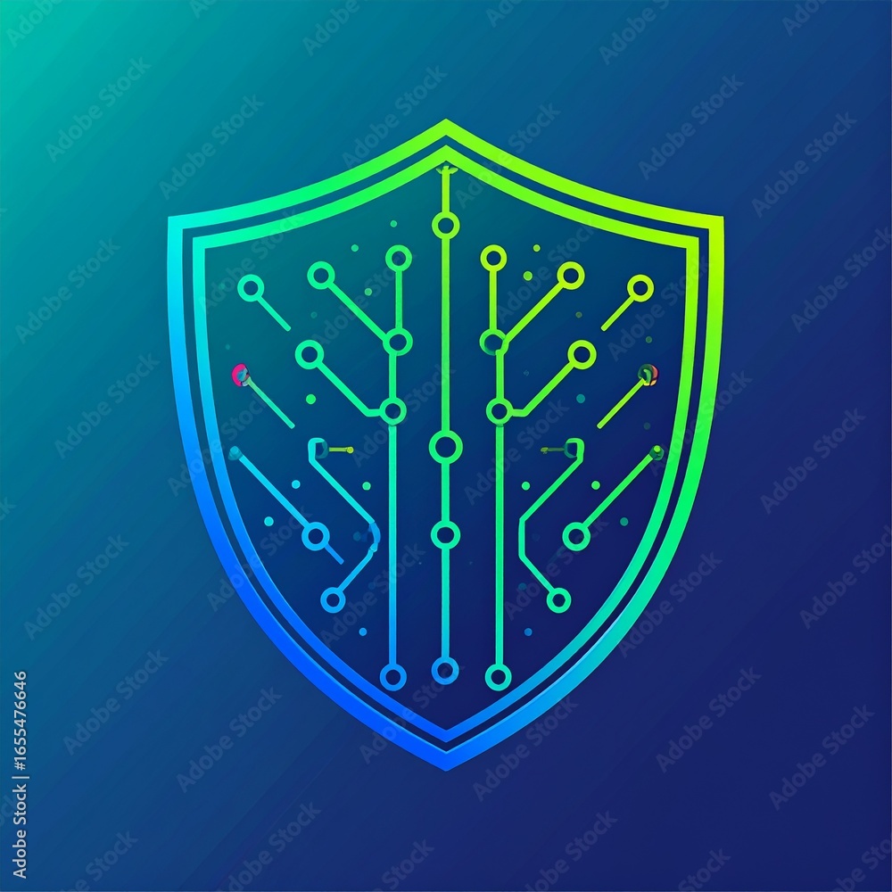 Poster a stylized shield design, highlighting a complex circuit-like pattern with vibrant gradient colors, 