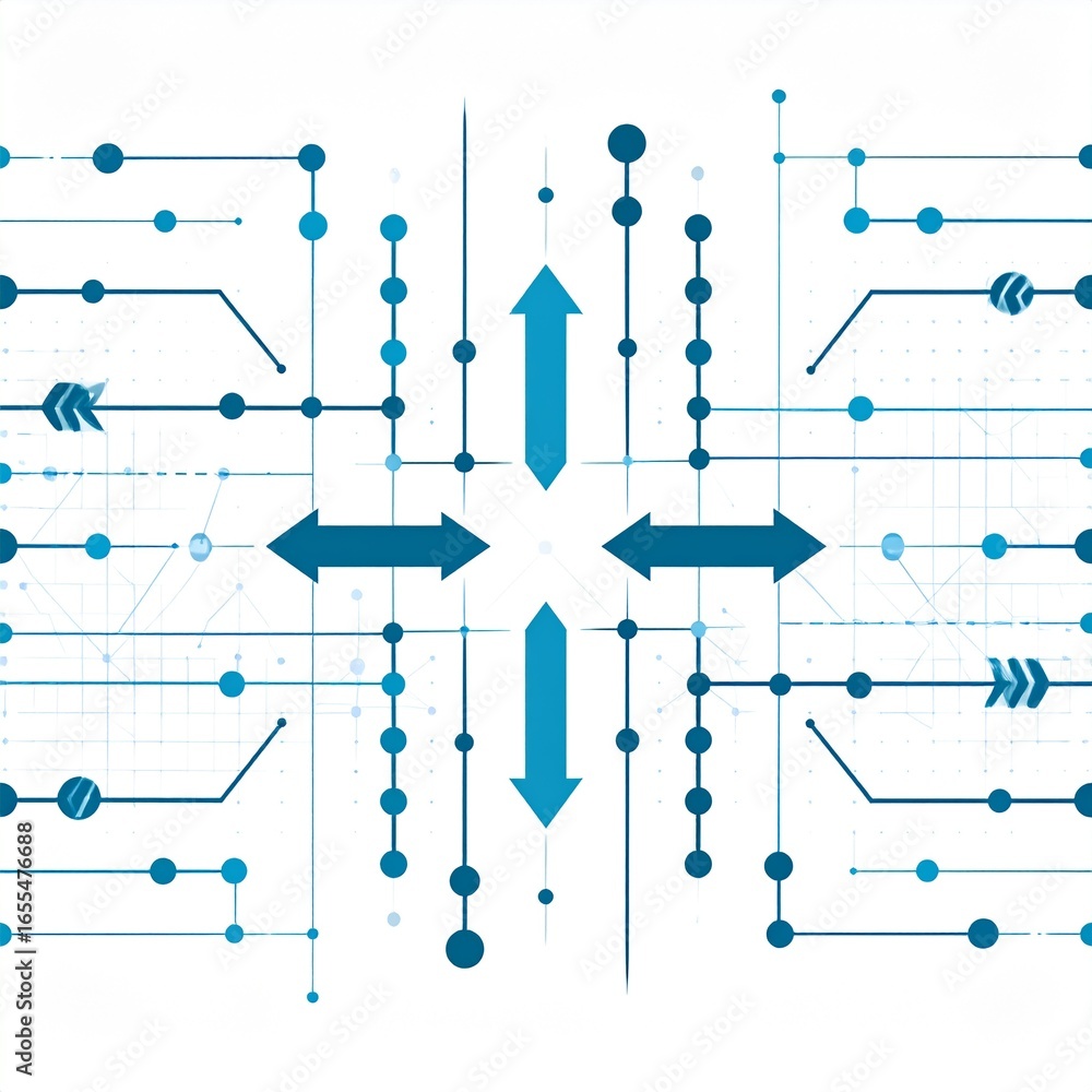 Poster A complex network of interconnected lines and circles, with directional arrows, creates a dynamic visual representation of data flow.
