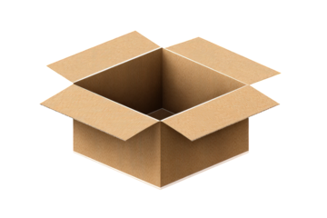 An open cardboard box, light beige in color, with an empty interior.  The box's flaps are slightly ajar, revealing its empty space.  Simple, 3D rendering of a typical shipping container