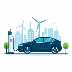A dark-colored electric vehicle is charging at a charging station in a modern cityscape, highlighted by wind turbines and a tranquil color palette.