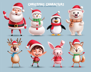 Christmas Characters clipart set design. Santa Claus, Snowman, Penguin, Polar bear, Reindeer, Elf, Bunny and Fox cute cartoon character clip art collection in friendly smiling, cheerful, funny