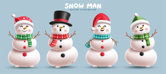 Christmas Snow Man characters clipart set. Snowman cute cartoon character clip art collection wearing colorful scarf, Santa hat mascot costume in happy smiling, friendly faces and jolly gesture vector