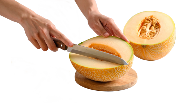 Close-up shot of hands slicing a ripe melon isolated on transparent background ‎